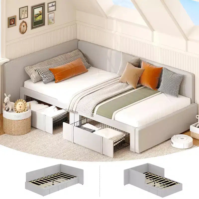 Twin Corner Bed Frame w/ 2 Storage Drawers, Velvet Upholstered Daybed Sofa Bed w/ Headboard & Guardrail for Kids, Teens & Guest Room