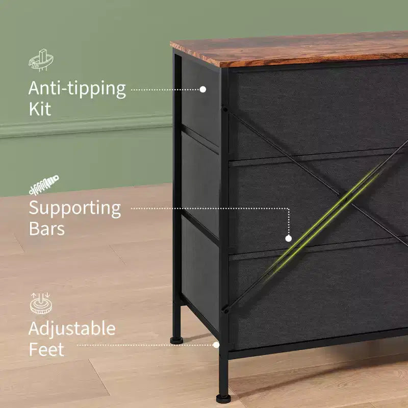 63 Inch LED TV Stand Dresser with 8 Fabric Drawers, Steel Frame & LED Lighting, Storage for 65, 70, 75 Inch TVs, Living Room & Bedroom Organizer