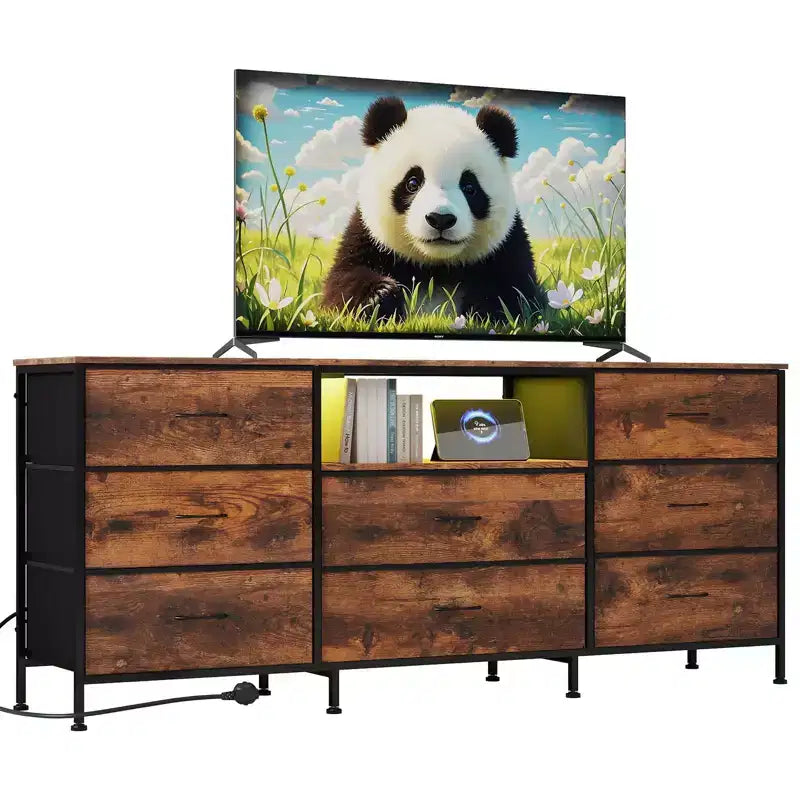 63 Inch LED TV Stand Dresser with 8 Fabric Drawers, Steel Frame & LED Lighting, Storage for 65, 70, 75 Inch TVs, Living Room & Bedroom Organizer