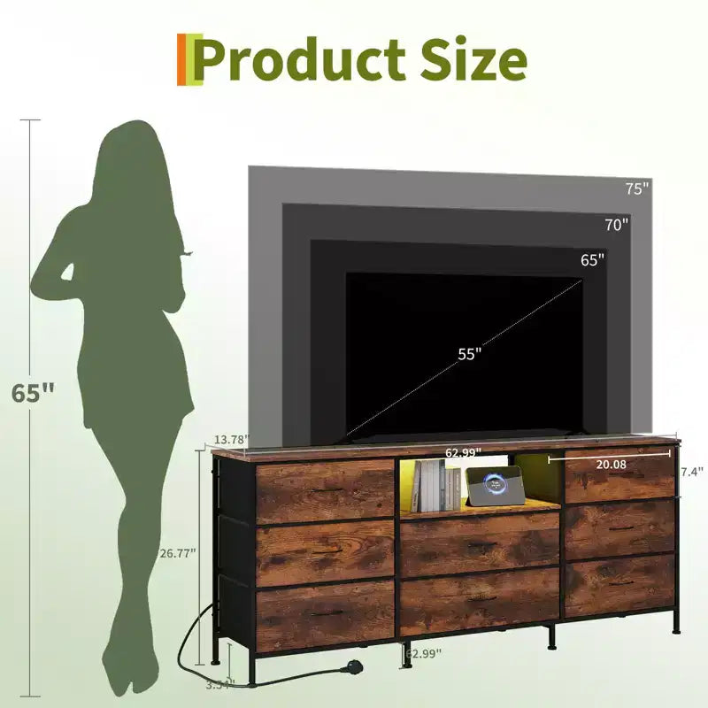63 Inch LED TV Stand Dresser with 8 Fabric Drawers, Steel Frame & LED Lighting, Storage for 65, 70, 75 Inch TVs, Living Room & Bedroom Organizer