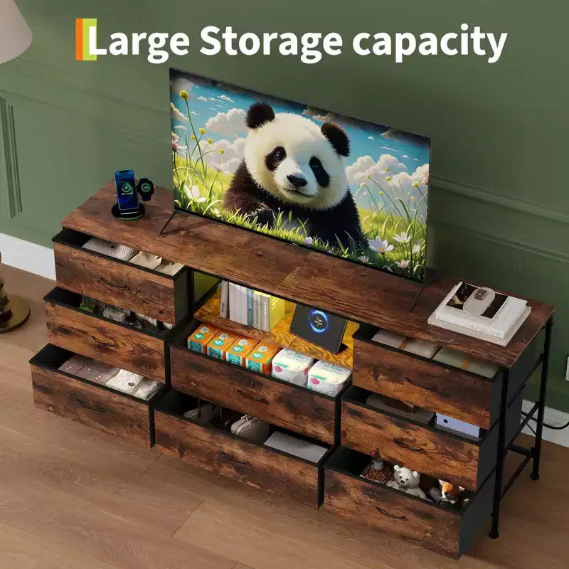63 Inch LED TV Stand Dresser with 8 Fabric Drawers, Steel Frame & LED Lighting, Storage for 65, 70, 75 Inch TVs, Living Room & Bedroom Organizer