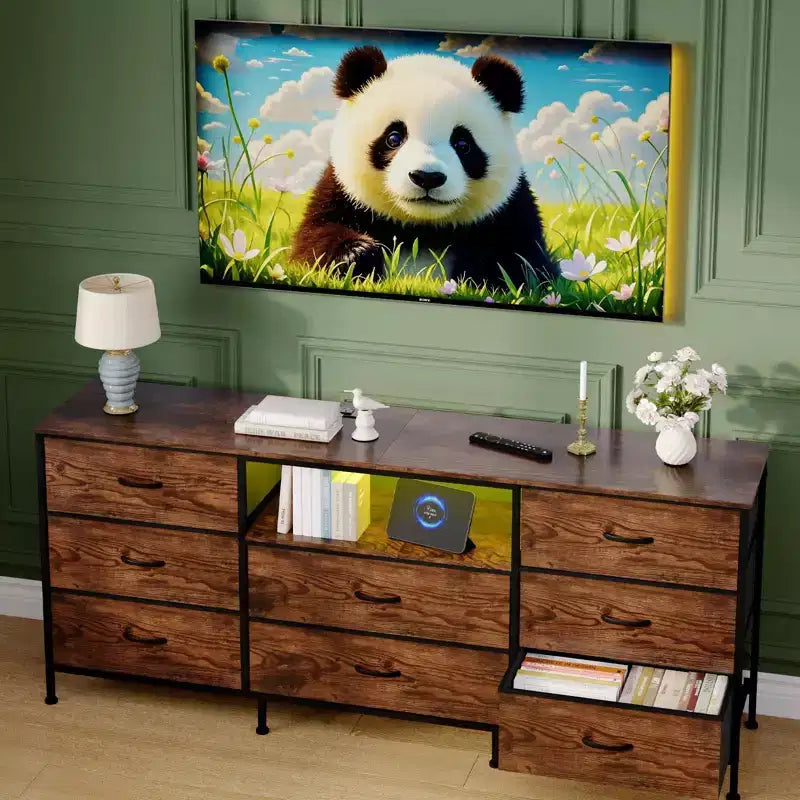 63 Inch LED TV Stand Dresser with 8 Fabric Drawers, Steel Frame & LED Lighting, Storage for 65, 70, 75 Inch TVs, Living Room & Bedroom Organizer