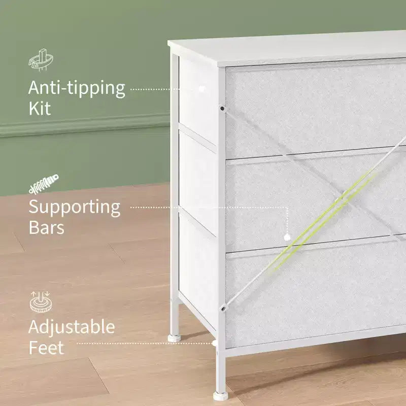 63 Inch LED TV Stand Dresser with 8 Fabric Drawers, Steel Frame & LED Lighting, Storage for 65, 70, 75 Inch TVs, Living Room & Bedroom Organizer