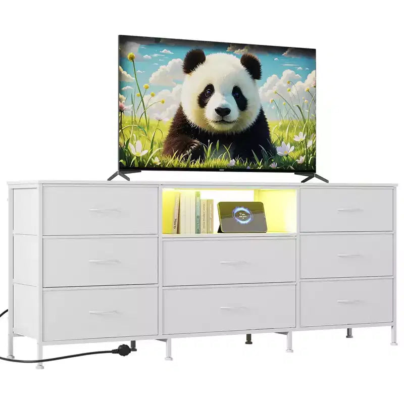 63 Inch LED TV Stand Dresser with 8 Fabric Drawers, Steel Frame & LED Lighting, Storage for 65, 70, 75 Inch TVs, Living Room & Bedroom Organizer