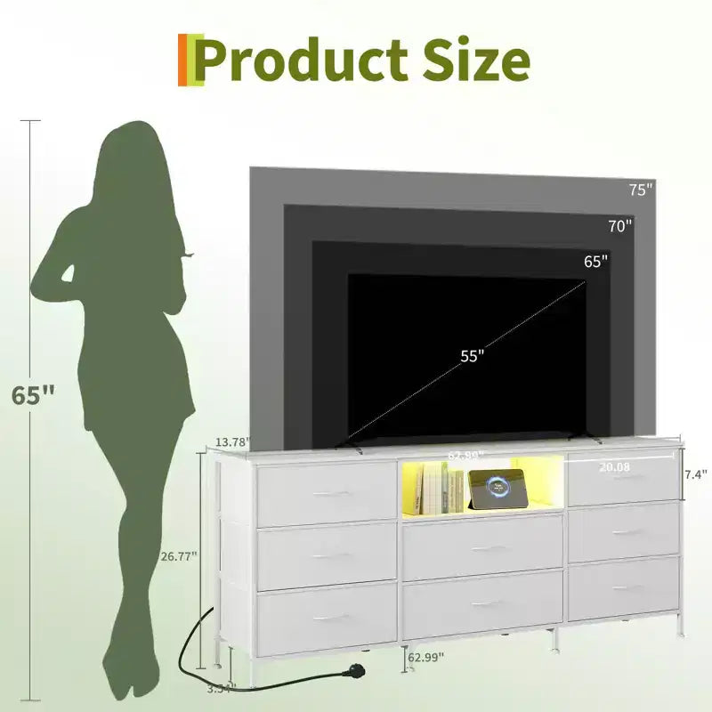 63 Inch LED TV Stand Dresser with 8 Fabric Drawers, Steel Frame & LED Lighting, Storage for 65, 70, 75 Inch TVs, Living Room & Bedroom Organizer