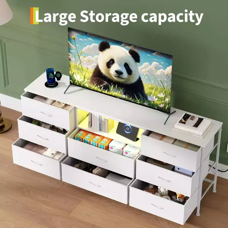 63 Inch LED TV Stand Dresser with 8 Fabric Drawers, Steel Frame & LED Lighting, Storage for 65, 70, 75 Inch TVs, Living Room & Bedroom Organizer