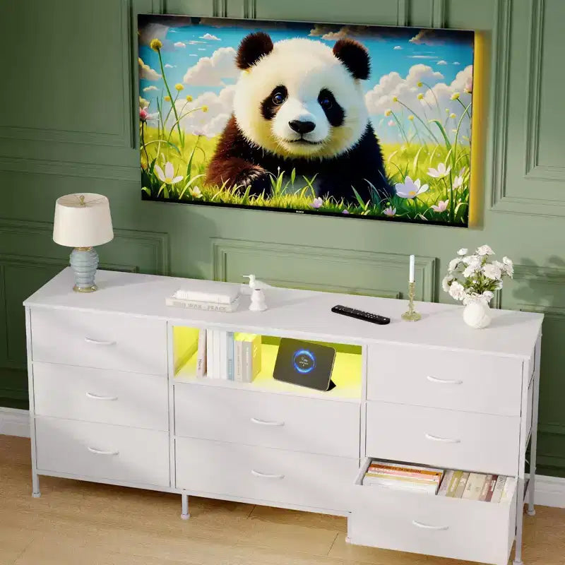 63 Inch LED TV Stand Dresser with 8 Fabric Drawers, Steel Frame & LED Lighting, Storage for 65, 70, 75 Inch TVs, Living Room & Bedroom Organizer