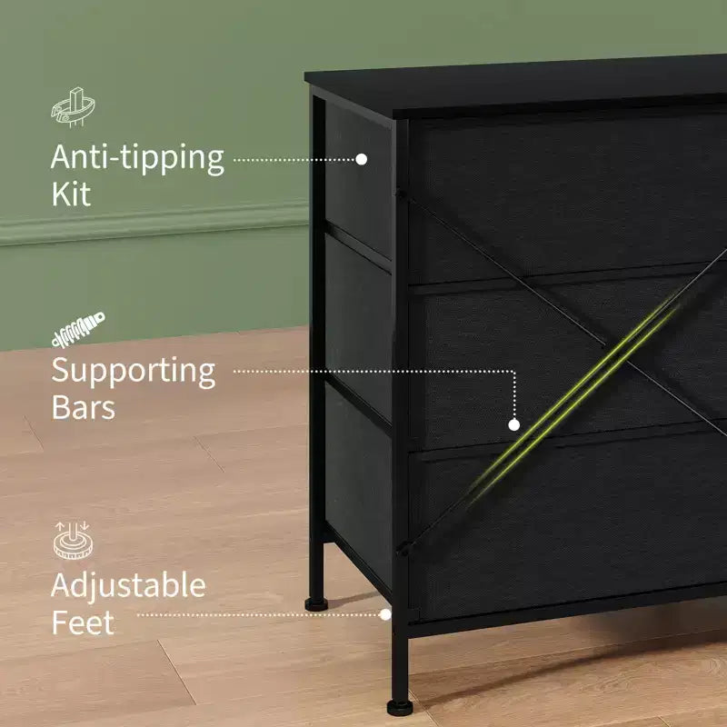 63 Inch LED TV Stand Dresser with 8 Fabric Drawers, Steel Frame & LED Lighting, Storage for 65, 70, 75 Inch TVs, Living Room & Bedroom Organizer