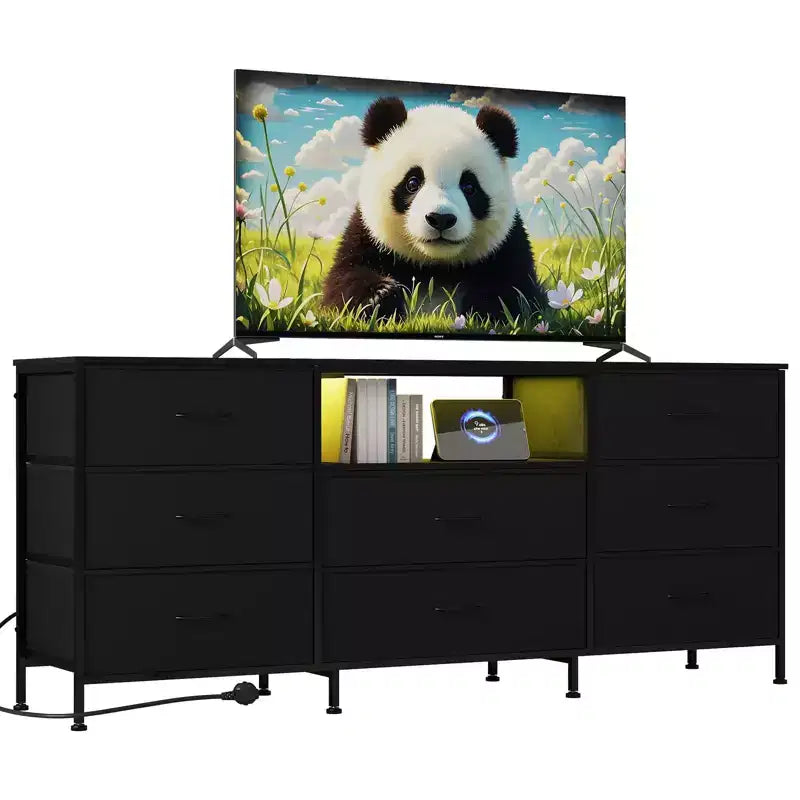 63 Inch LED TV Stand Dresser with 8 Fabric Drawers, Steel Frame & LED Lighting, Storage for 65, 70, 75 Inch TVs, Living Room & Bedroom Organizer