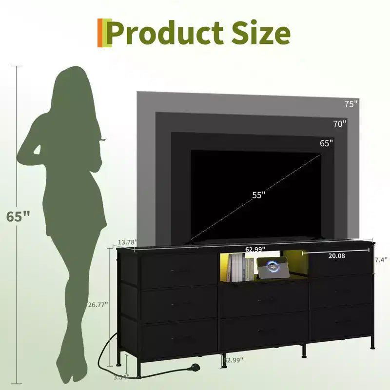 63 Inch LED TV Stand Dresser with 8 Fabric Drawers, Steel Frame & LED Lighting, Storage for 65, 70, 75 Inch TVs, Living Room & Bedroom Organizer