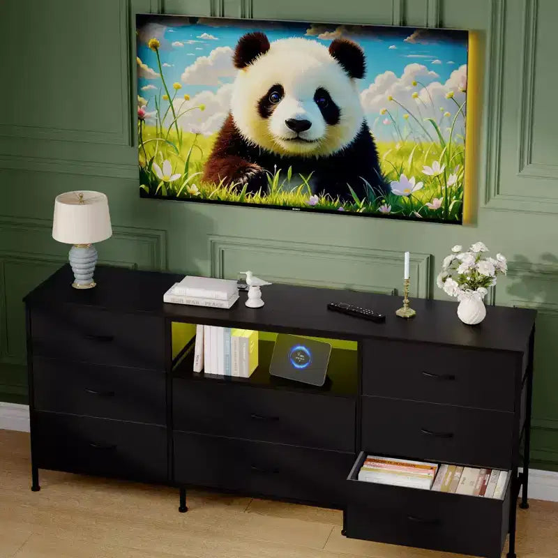 63 Inch LED TV Stand Dresser with 8 Fabric Drawers, Steel Frame & LED Lighting, Storage for 65, 70, 75 Inch TVs, Living Room & Bedroom Organizer