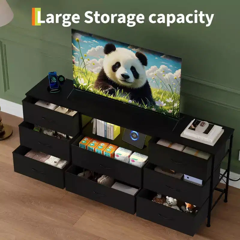 63 Inch LED TV Stand Dresser with 8 Fabric Drawers, Steel Frame & LED Lighting, Storage for 65, 70, 75 Inch TVs, Living Room & Bedroom Organizer