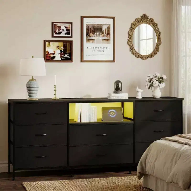 63 Inch LED TV Stand Dresser with 8 Fabric Drawers, Steel Frame & LED Lighting, Storage for 65, 70, 75 Inch TVs, Living Room & Bedroom Organizer