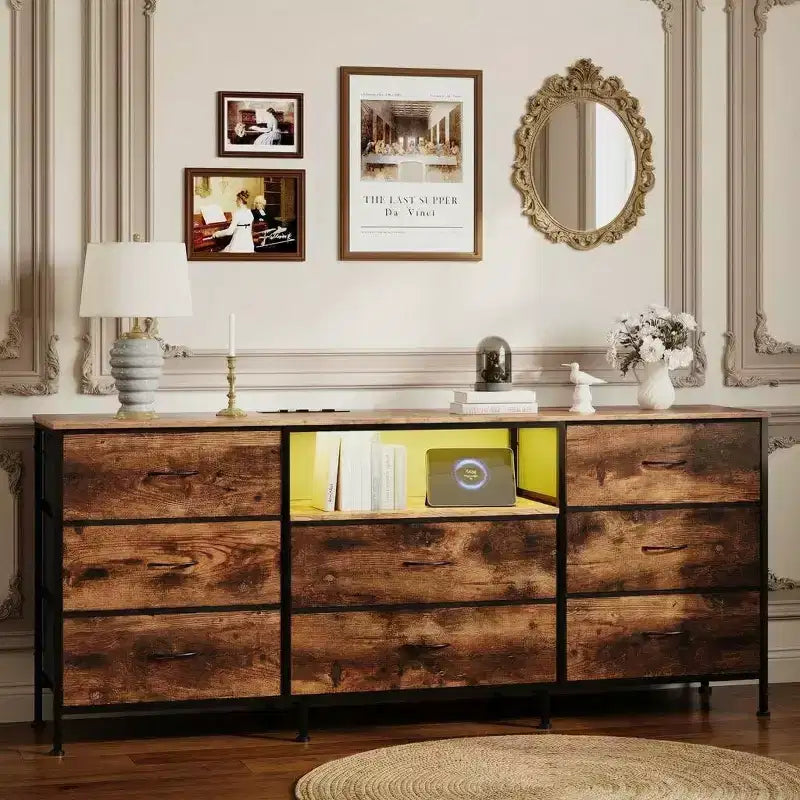63 Inch LED TV Stand Dresser with 8 Fabric Drawers, Steel Frame & LED Lighting, Storage for 65, 70, 75 Inch TVs, Living Room & Bedroom Organizer