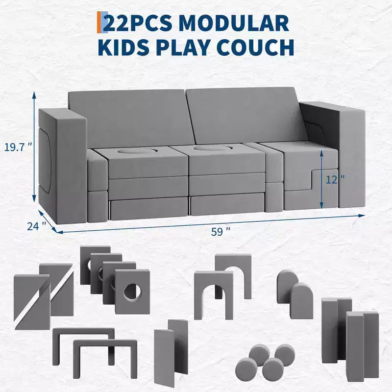 22-Piece Modular Kids Play Sofa, Soft Foam Toddler Couch & Activity Playmat Furniture, Washable 2-Seater Convertible Lounge Chair for Playroom