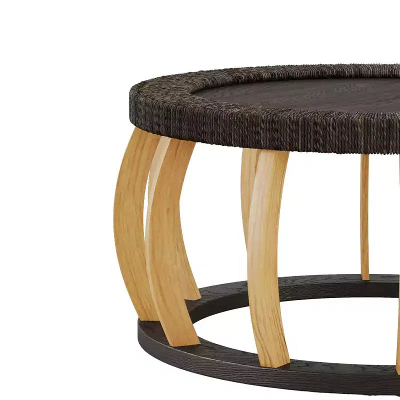 Table basse ronde de 80 cm, table d'appoint de style bohème, avec pieds incurvés en bois massif et plateau tissé en rotin