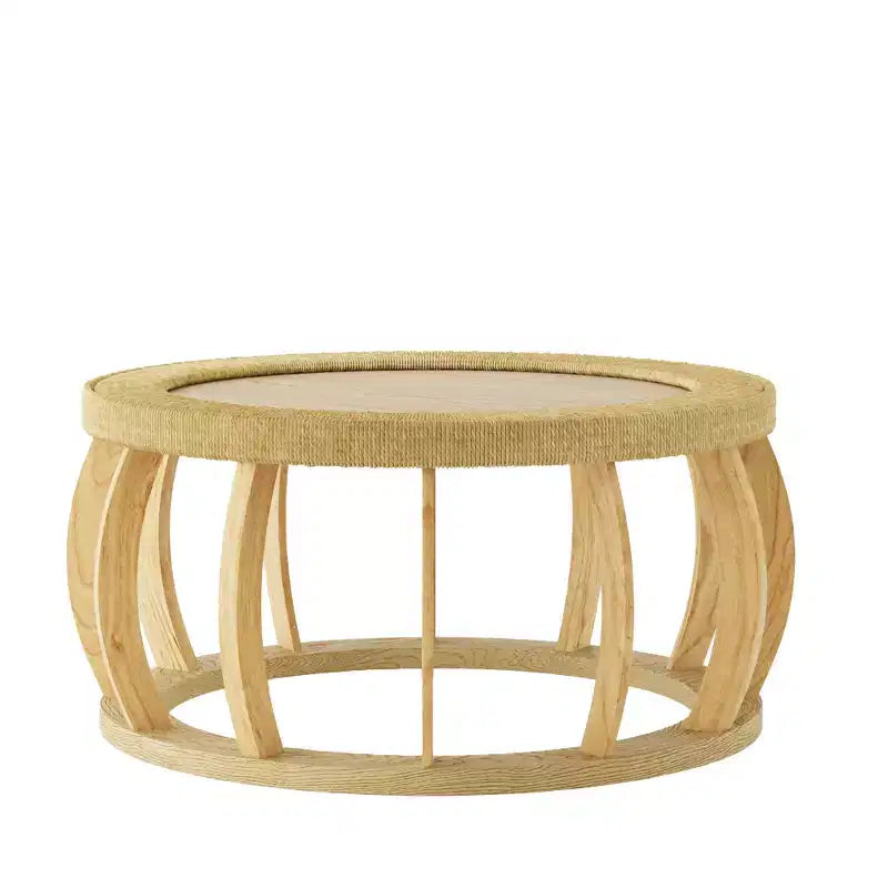 Table basse ronde de 80 cm, table d'appoint de style bohème, avec pieds incurvés en bois massif et plateau tissé en rotin