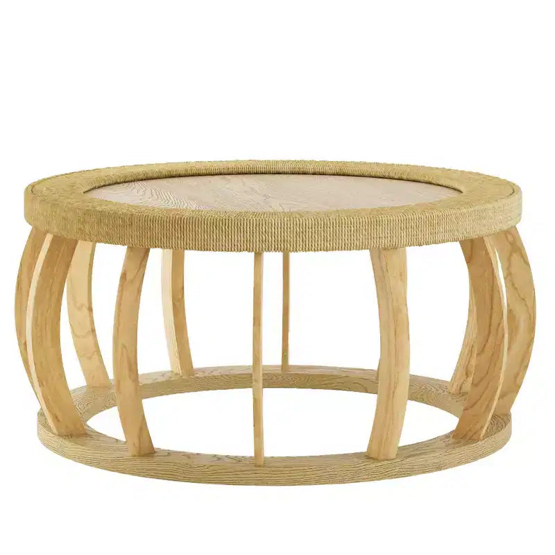 Table basse ronde de 80 cm, table d'appoint de style bohème, avec pieds incurvés en bois massif et plateau tissé en rotin