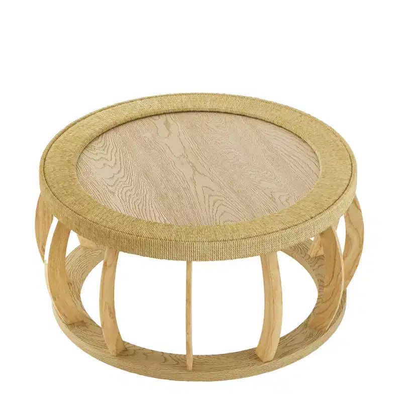 Table basse ronde de 80 cm, table d'appoint de style bohème, avec pieds incurvés en bois massif et plateau tissé en rotin