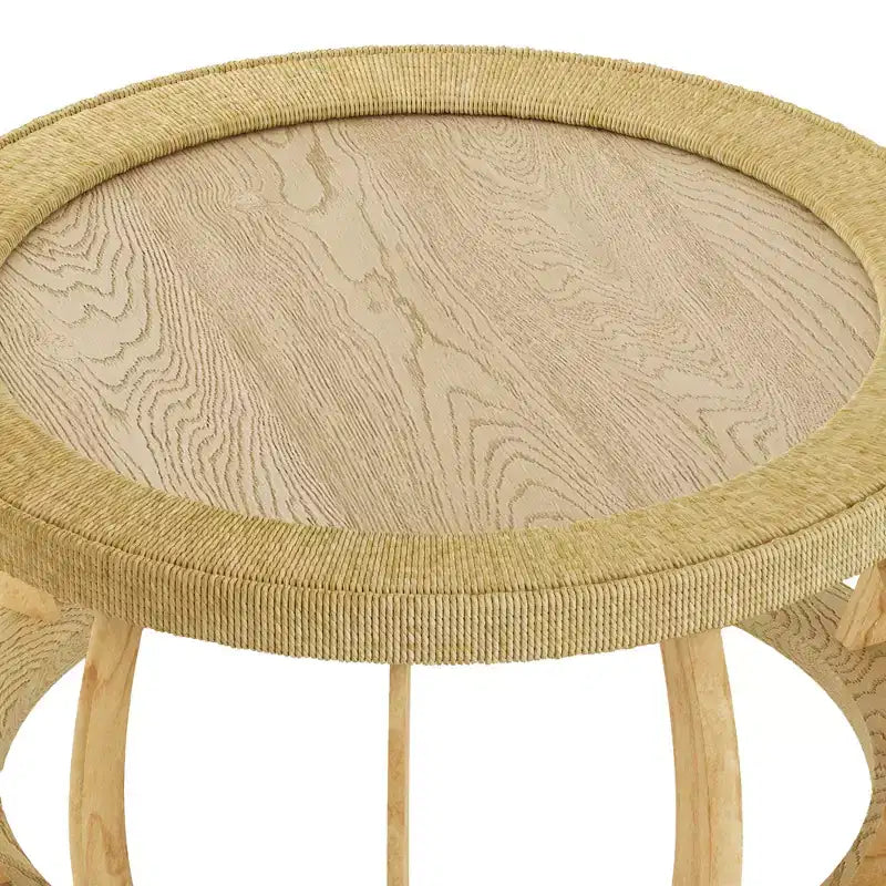 Table basse ronde de 80 cm, table d'appoint de style bohème, avec pieds incurvés en bois massif et plateau tissé en rotin