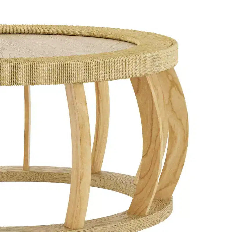 Table basse ronde de 80 cm, table d'appoint de style bohème, avec pieds incurvés en bois massif et plateau tissé en rotin