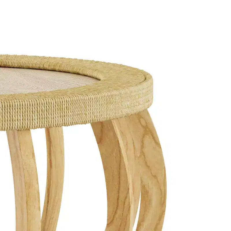Table basse ronde de 80 cm, table d'appoint de style bohème, avec pieds incurvés en bois massif et plateau tissé en rotin