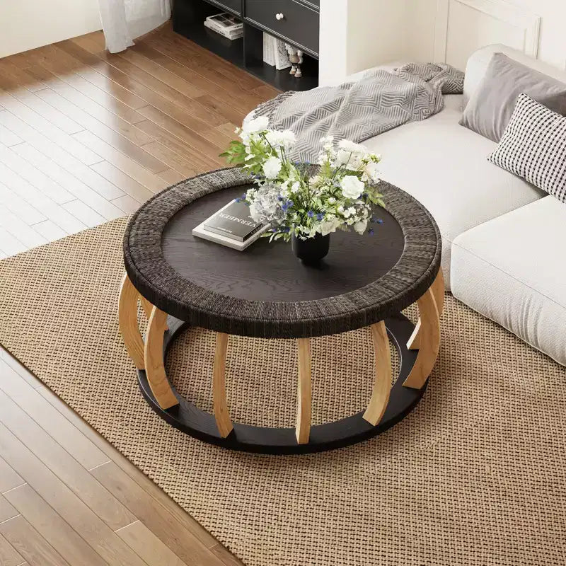 Table basse ronde de 80 cm, table d'appoint de style bohème, avec pieds incurvés en bois massif et plateau tissé en rotin