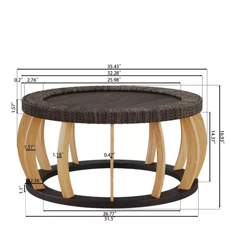 Table basse ronde de 80 cm, table d'appoint de style bohème, avec pieds incurvés en bois massif et plateau tissé en rotin