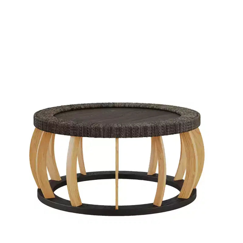 Table basse ronde de 80 cm, table d'appoint de style bohème, avec pieds incurvés en bois massif et plateau tissé en rotin