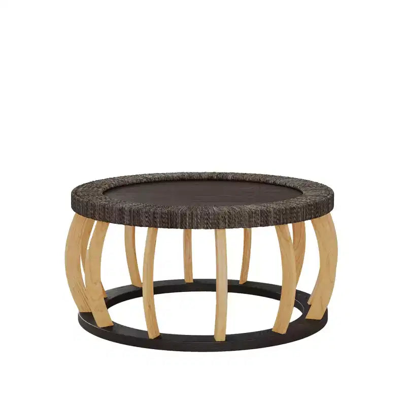 Table basse ronde de 80 cm, table d'appoint de style bohème, avec pieds incurvés en bois massif et plateau tissé en rotin