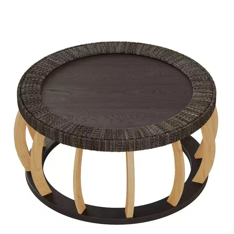 Table basse ronde de 80 cm, table d'appoint de style bohème, avec pieds incurvés en bois massif et plateau tissé en rotin