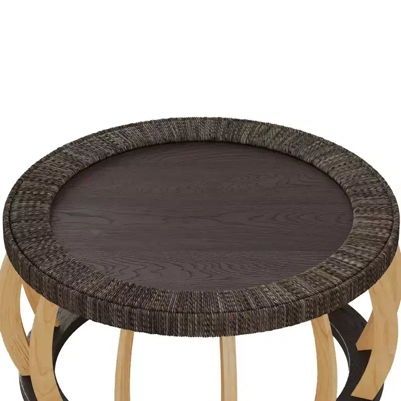 Table basse ronde de 80 cm, table d'appoint de style bohème, avec pieds incurvés en bois massif et plateau tissé en rotin