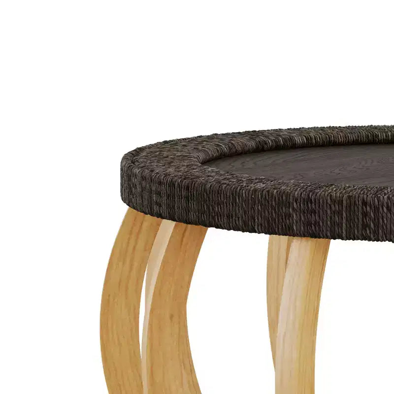 Table basse ronde de 80 cm, table d'appoint de style bohème, avec pieds incurvés en bois massif et plateau tissé en rotin