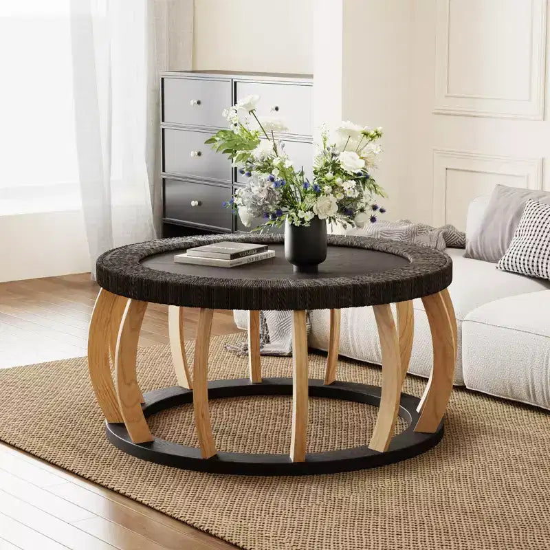 ModernLuxe 35.43 Round Coffee Table, Boho Accent Table Center Table, Solid Wood Curved Legs with Rattan Woven Top