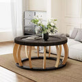 ModernLuxe 35.43 Round Coffee Table, Boho Accent Table Center Table, Solid Wood Curved Legs with Rattan Woven Top