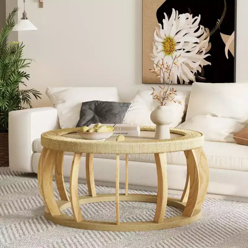 35.43 Round Coffee Table, Boho Accent Table Center Table, Solid Wood Curved Legs with Rattan Woven Top