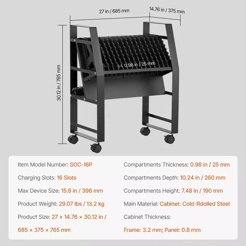 Charging Cart, 16 Device Mobile Open Charging Station, Up to 15.6 in Screen Size, Office and Classroom Mobile Charging Cart, Black