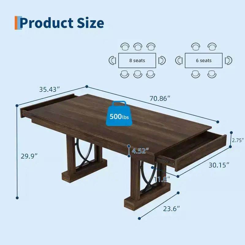 Modern Rectangular Wood Dining Table with Sturdy Double Pedestal Base, Thick Tabletop for Dining Room and Restaurant, Durable Wood Finish( No chairs)