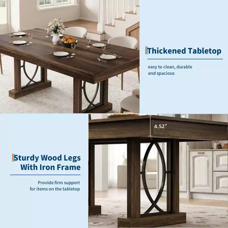 Modern Rectangular Wood Dining Table with Sturdy Double Pedestal Base, Thick Tabletop for Dining Room and Restaurant, Durable Wood Finish( No chairs)