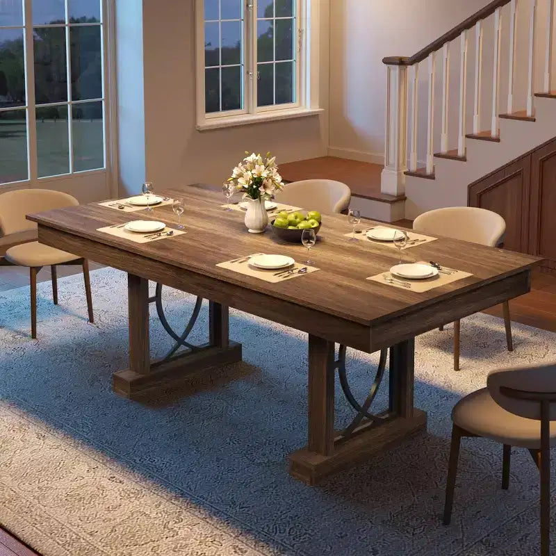 Modern Rectangular Wood Dining Table with Sturdy Double Pedestal Base, Thick Tabletop for Dining Room and Restaurant, Durable Wood Finish( No chairs)