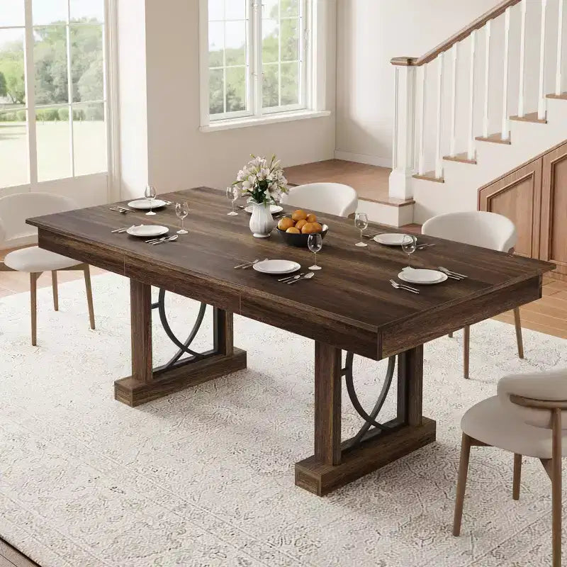 Modern Rectangular Wood Dining Table with Sturdy Double Pedestal Base, Thick Tabletop for Dining Room and Restaurant, Durable Wood Finish( No chairs)