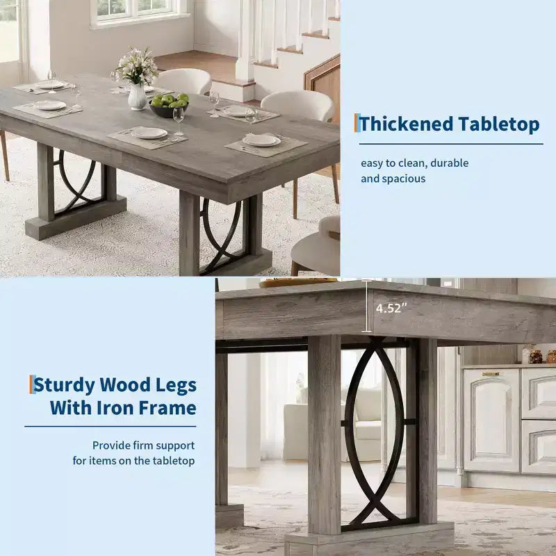 Modern Rectangular Wood Dining Table with Sturdy Double Pedestal Base, Thick Tabletop for Dining Room and Restaurant, Durable Wood Finish( No chairs)