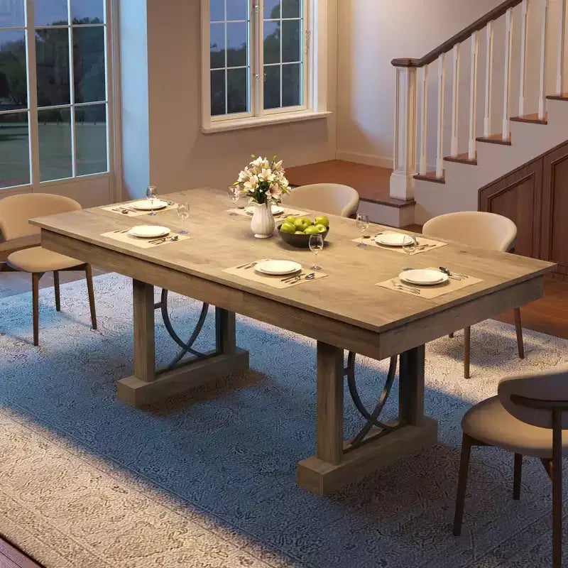 Modern Rectangular Wood Dining Table with Sturdy Double Pedestal Base, Thick Tabletop for Dining Room and Restaurant, Durable Wood Finish( No chairs)