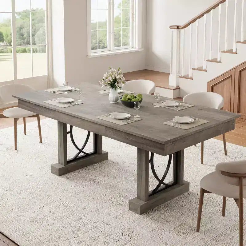 Modern Rectangular Wood Dining Table with Sturdy Double Pedestal Base, Thick Tabletop for Dining Room and Restaurant, Durable Wood Finish( No chairs)