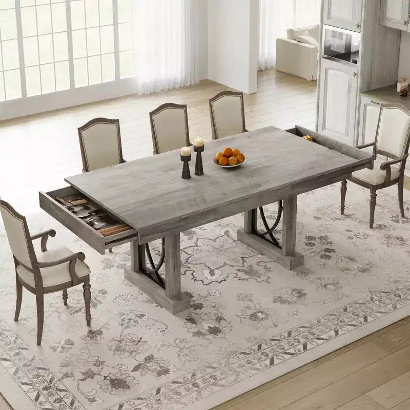 Modern Rectangular Wood Dining Table with Sturdy Double Pedestal Base, Thick Tabletop for Dining Room and Restaurant, Durable Wood Finish( No chairs)