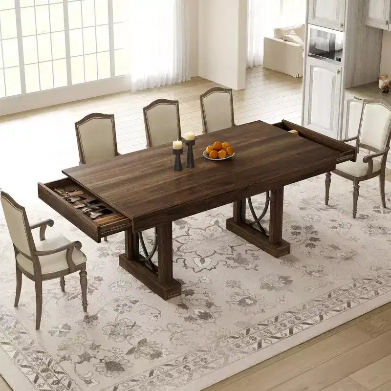 Modern Rectangular Wood Dining Table with Sturdy Double Pedestal Base, Thick Tabletop for Dining Room and Restaurant, Durable Wood Finish( No chairs)