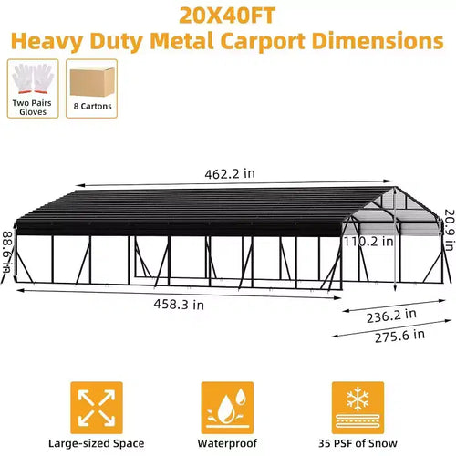 Abri d'auto en métal 20x40 pi, abri pour véhicules robuste avec toit en acier galvanisé, cadre thermolaqué, montage facile pour la protection des voitures, camions et VR