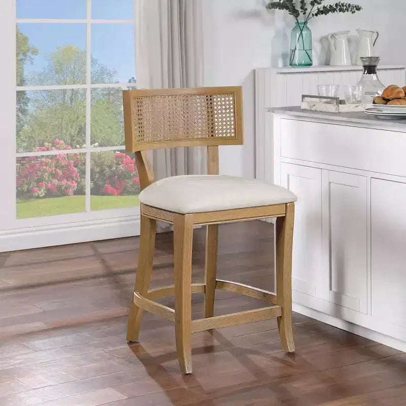 Tabouret de bar 66 cm en lin – Rembourré, pieds en bois, sans accoudoirs, style bohème