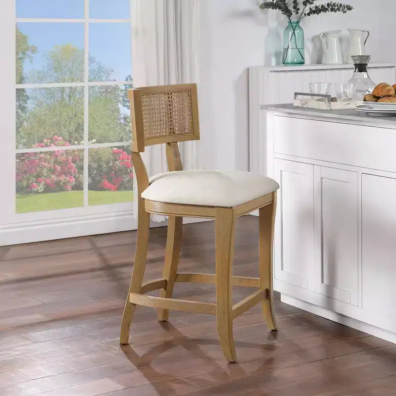 Tabouret de bar 66 cm en lin – Rembourré, pieds en bois, sans accoudoirs, style bohème