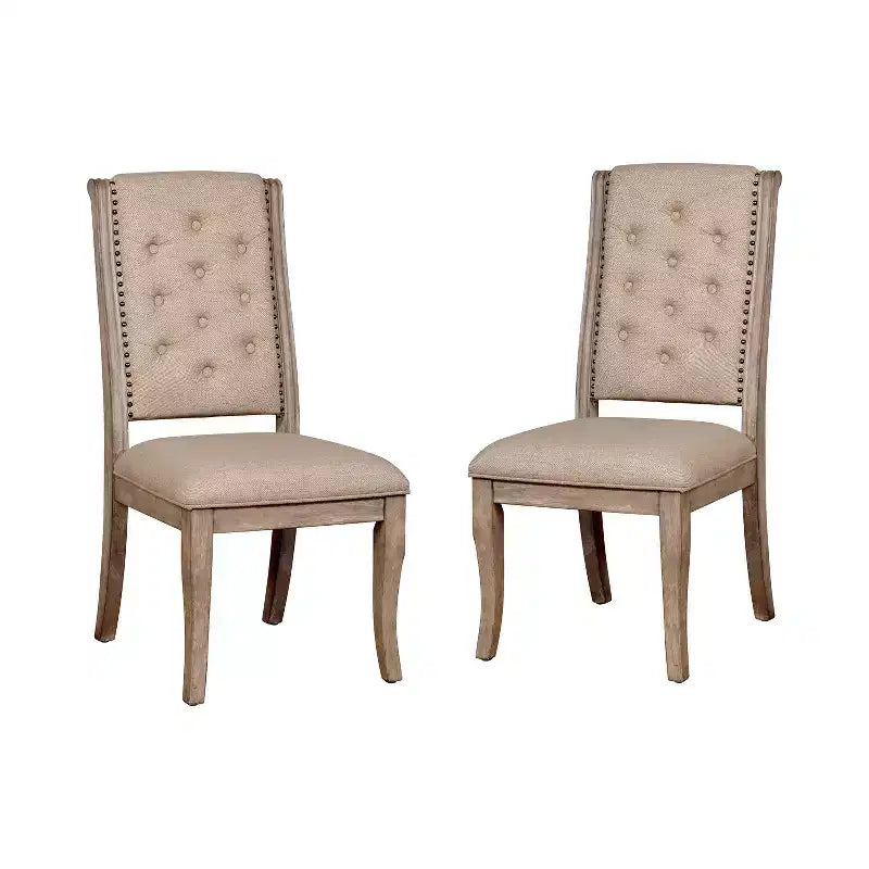 2pc Tufted Wood Dining Side Chair Natural - Upholstered, Nailhead Trim, High Back